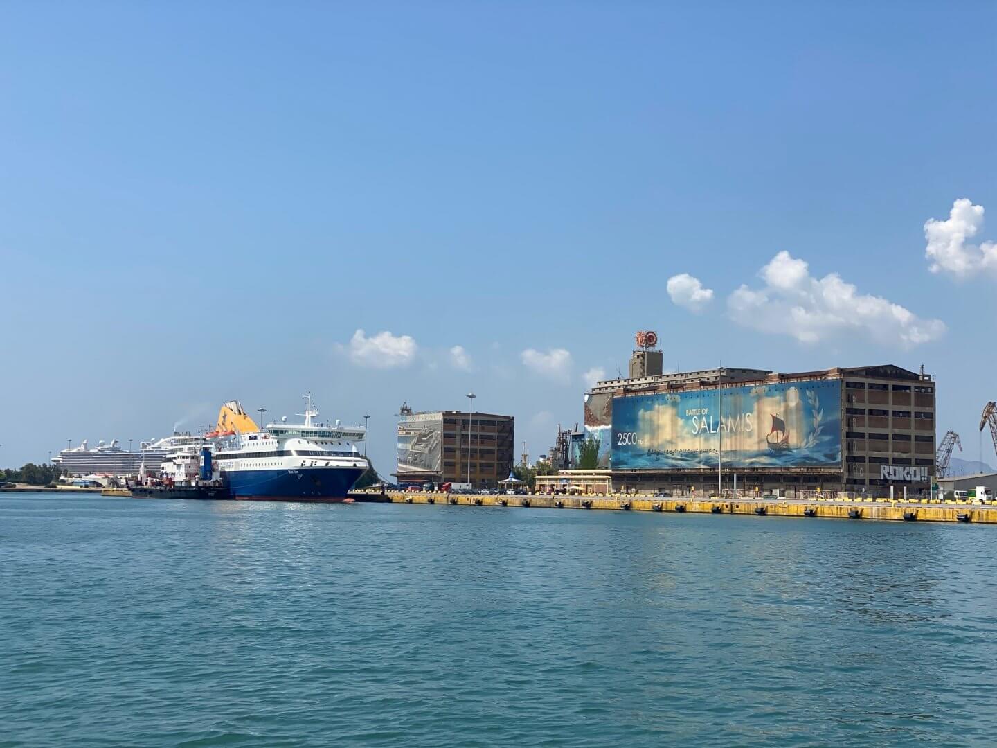 Blue Star ferry and port buildings at Piraeus