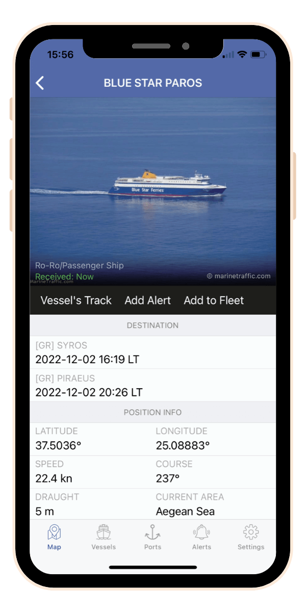 Screenshot of myshiptracking app for Blue Star Delos