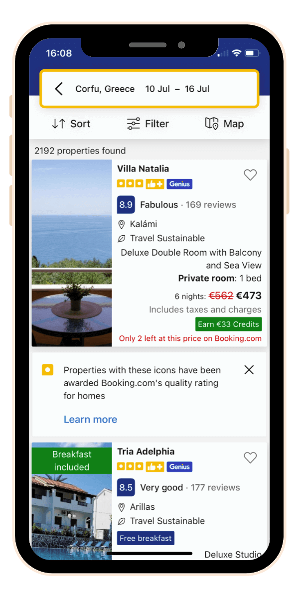Screenshot of accommodation listings on Booking.com app for Corfu 10 - 16 July