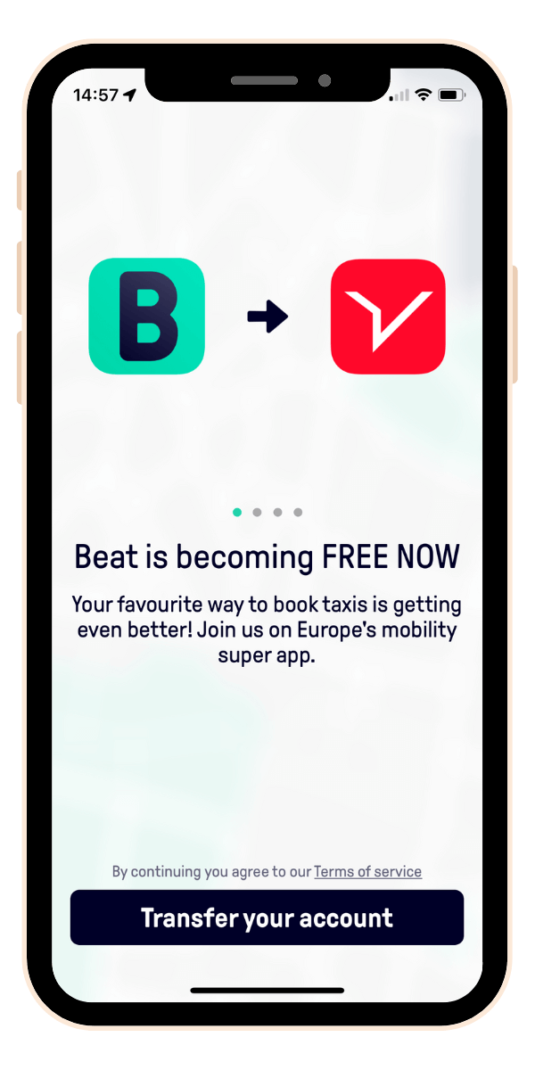 App notification that Beat is changing to Free Now app in Greece