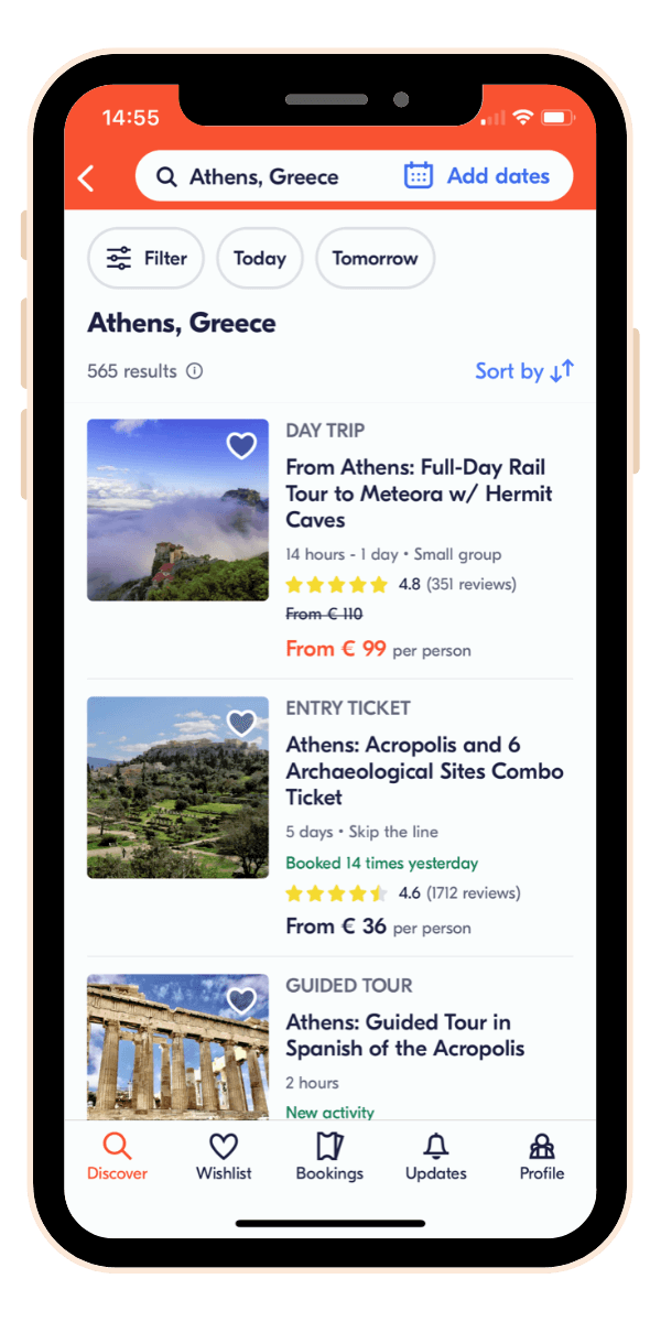 Screenshot of Get Your Guide app activities listings for Athens