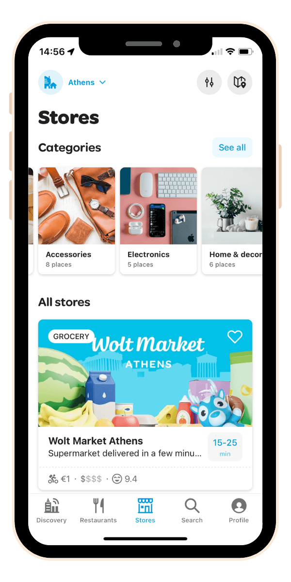 Store listings on the Wolt app