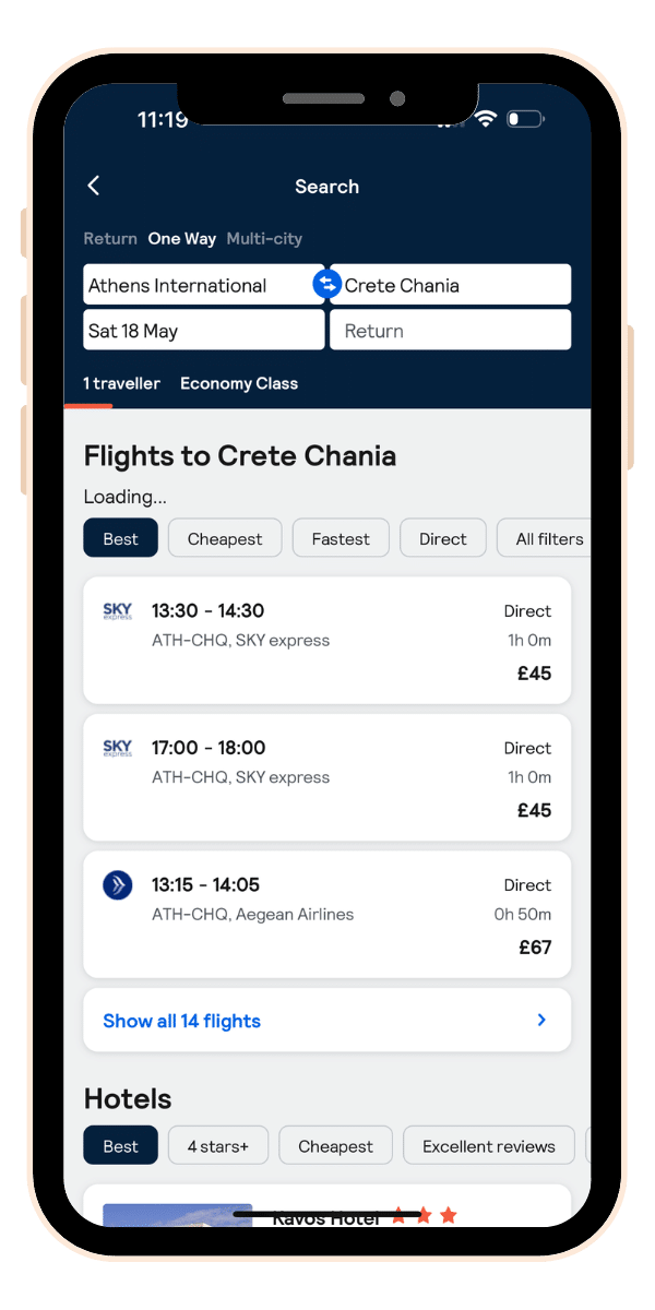 Flight listings in Skyscanner app from Athens to Chania Crete