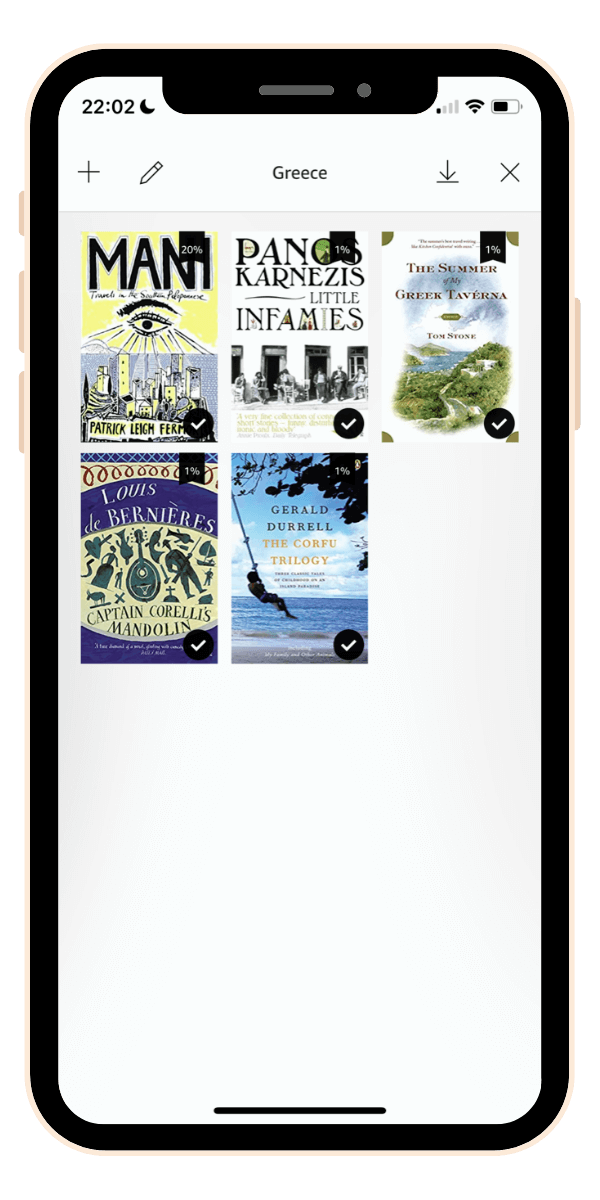 Kindle app loaded up with books about greece