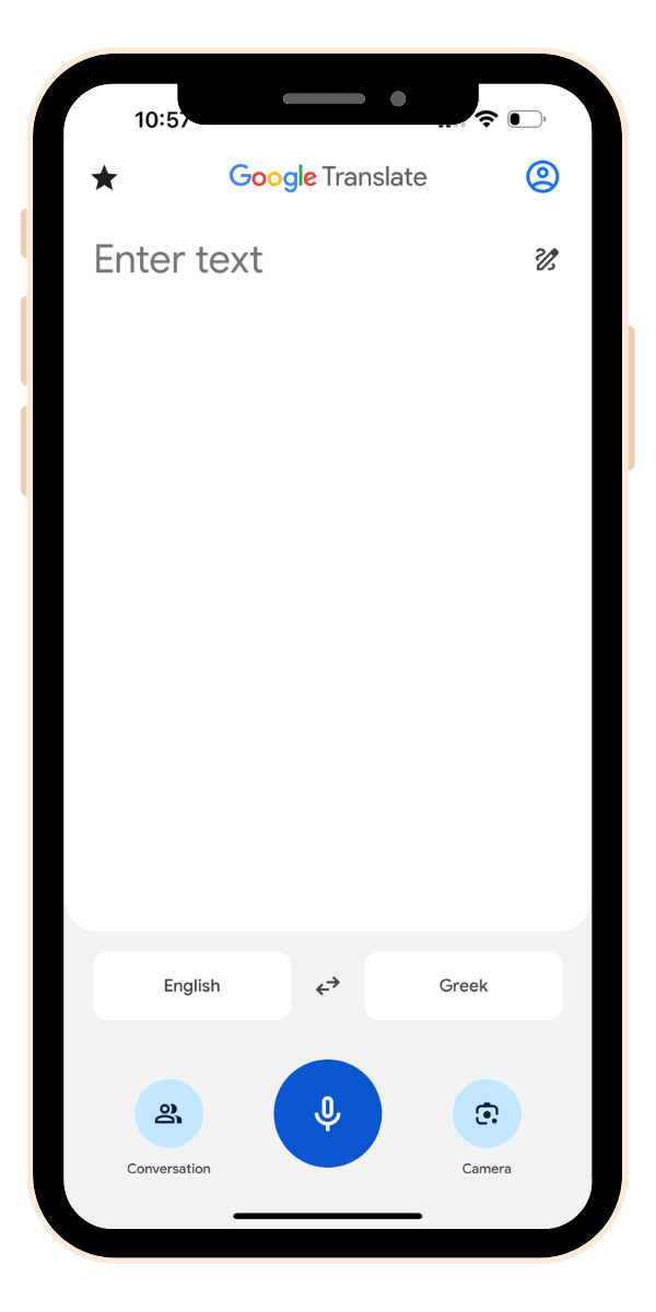 Google translate app set to English to Greek translation