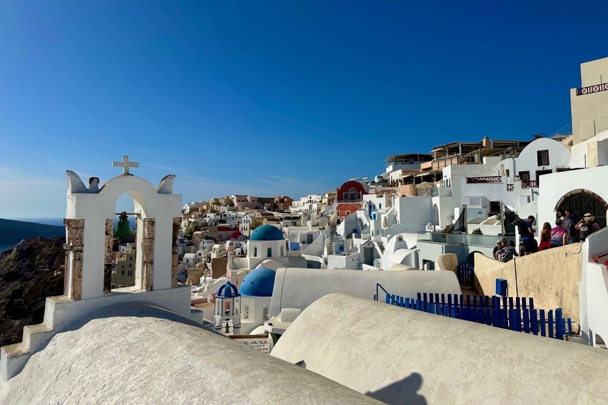 Famous view of the Blue Dome churches in Santorini's Oia