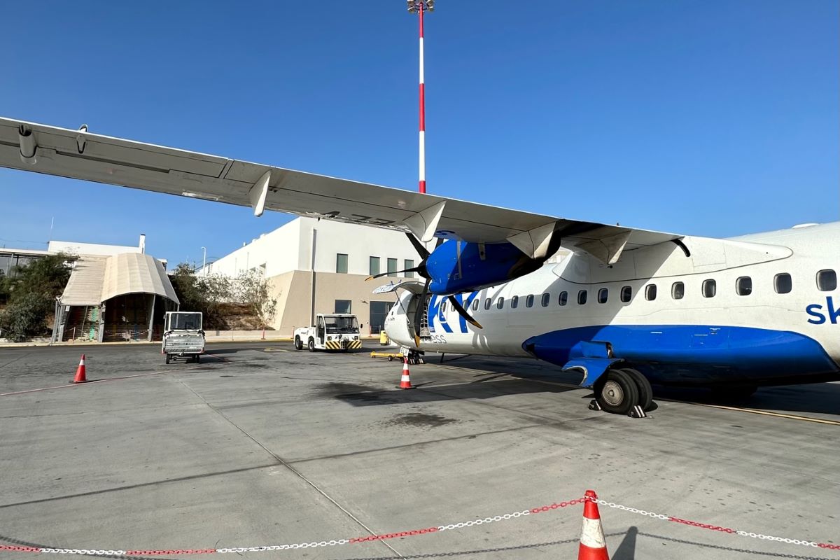 Skyexpress plane on the tarmac outside Santorini Airport